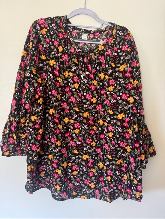 Old Navy Tops - Old Navy Black Floral Tie-Neck Blouse with Pink & Yellow Blossoms